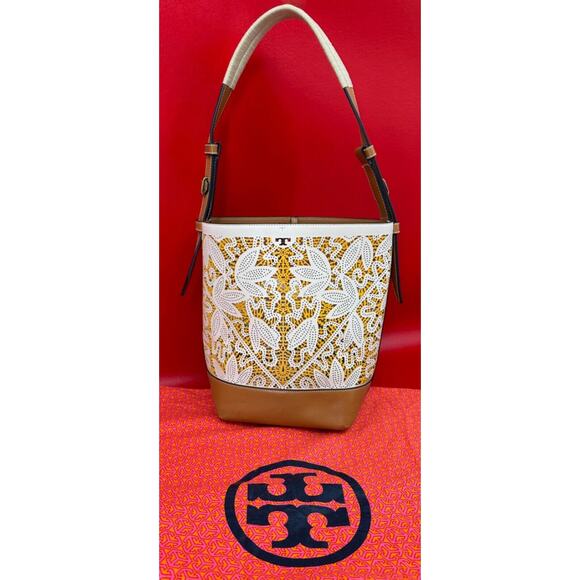 Rare Tory Burch Laser-Cut Parchment Floral Leather Bucket Tote Bag